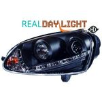 jeu droit + gauche de phare à LED diurnes, DragonLights, noir       VW Golf 5, 03->>     noir