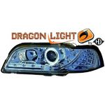 jeu droit + gauche de phare à LED diurnes, DragonLights, chrome, pour réglage électrique., avec clignotant.    S40/V40 96-03          chrome